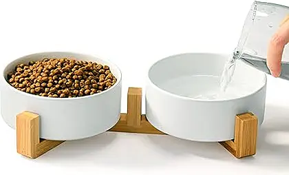 Elevated Elegance: Ceramic Pet Bowls on a Wooden Stand