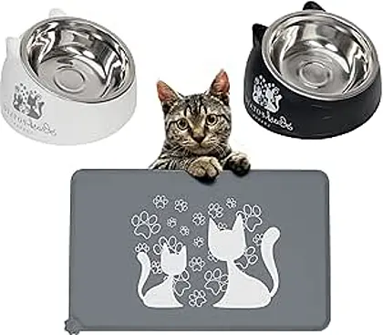 LeashPotato Cat Dining Set: Elevated Bowls and Feeding Mat