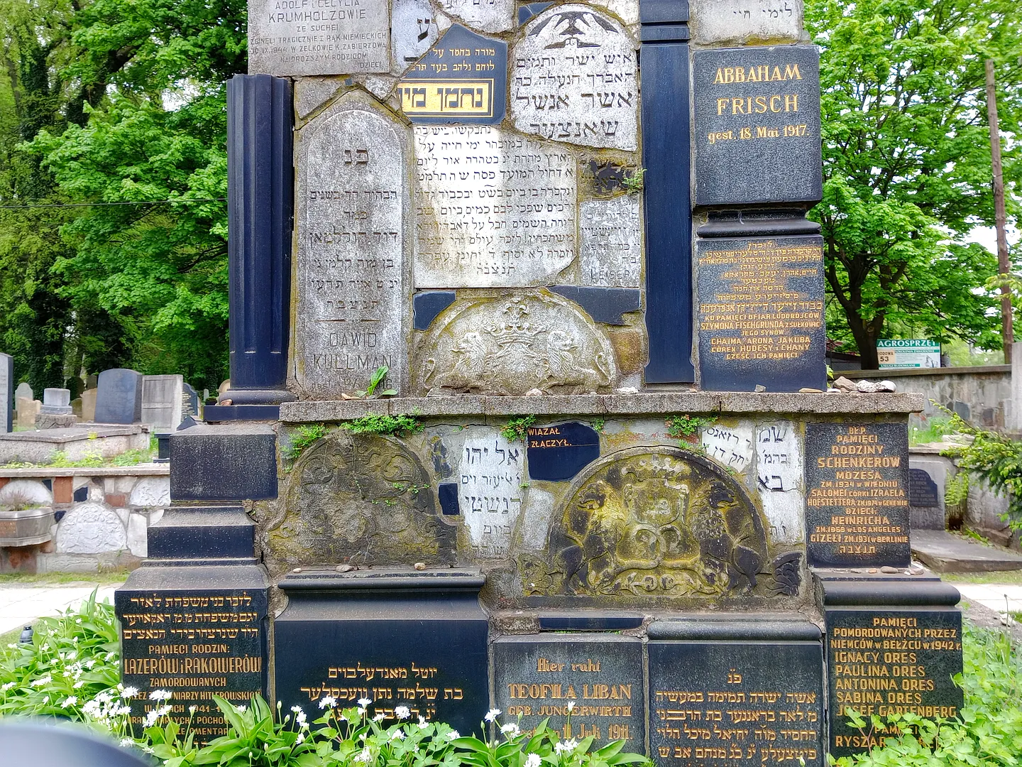 Memorial plaques and old tombstones in the New Jewish Cemetery in Kraków